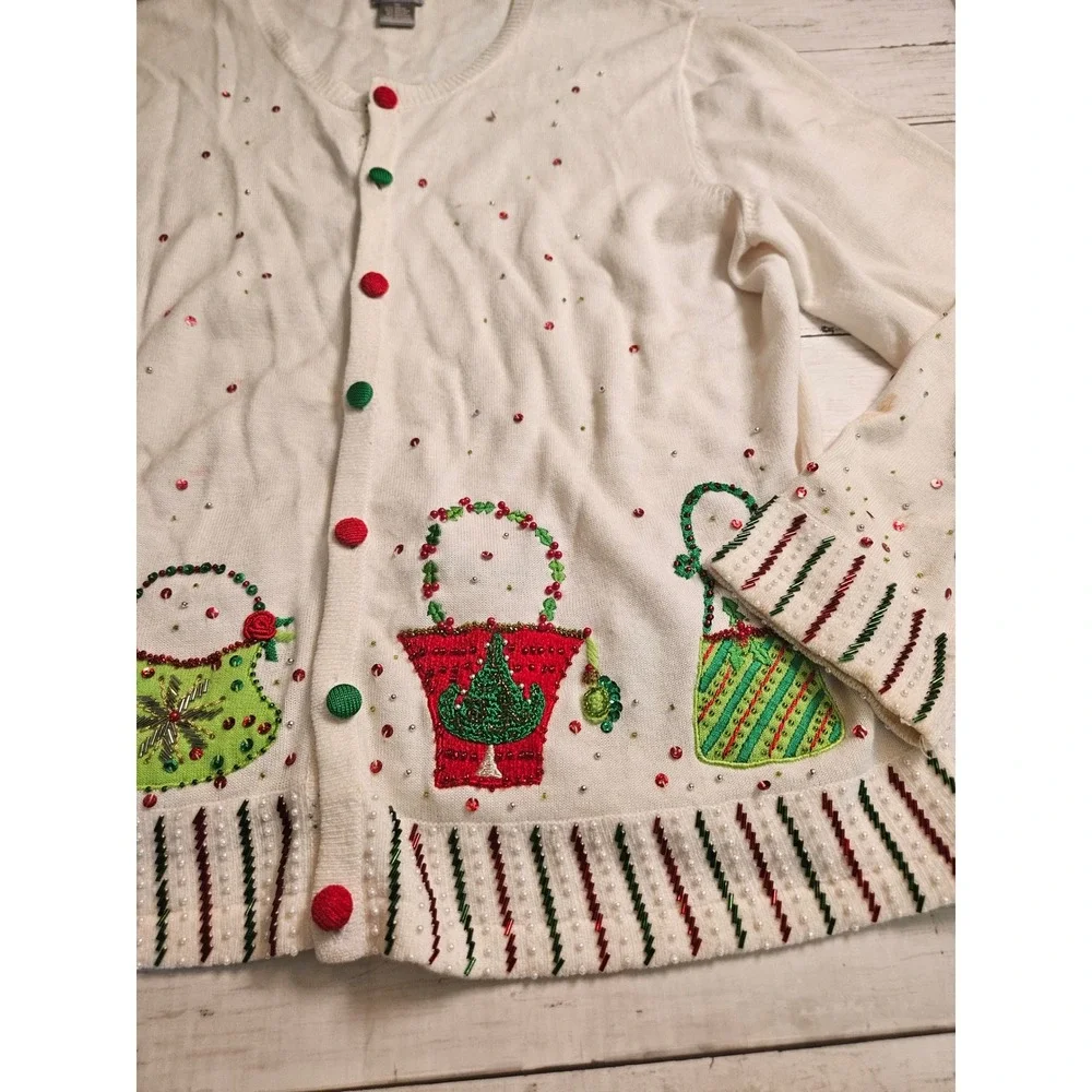 Berek Christmas Cardigan Sweater XL White Beaded Holiday Handbags Embroidery